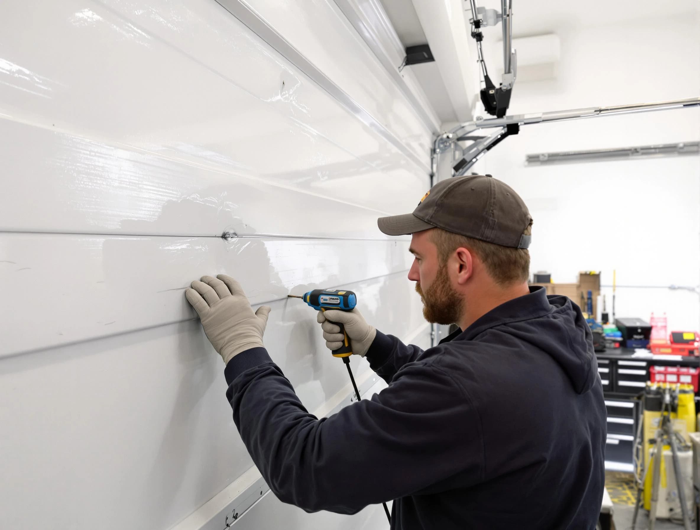 Collier Garage Door Repair technician demonstrating precision dent removal techniques on a Collier garage door